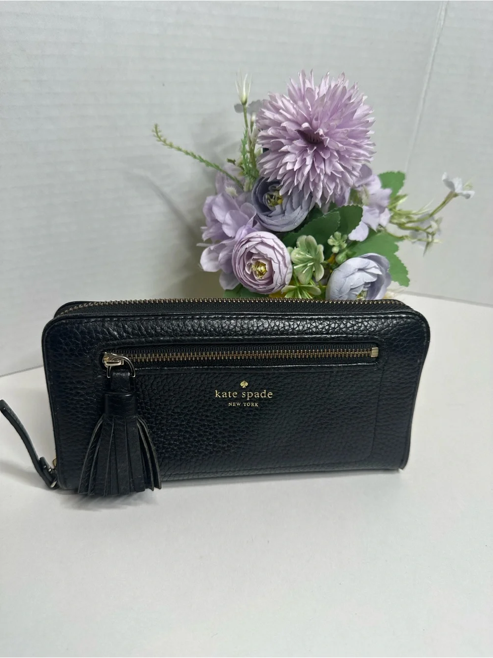 kate spade Black Pebbled Leather Zip Wristlet Wallet with Tassel